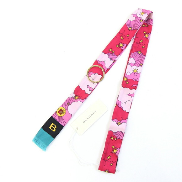 BVLGARI Scarf & Ring Set Pink 100% Silk Ribbon Scarf Bag Charm 2-Piece W...